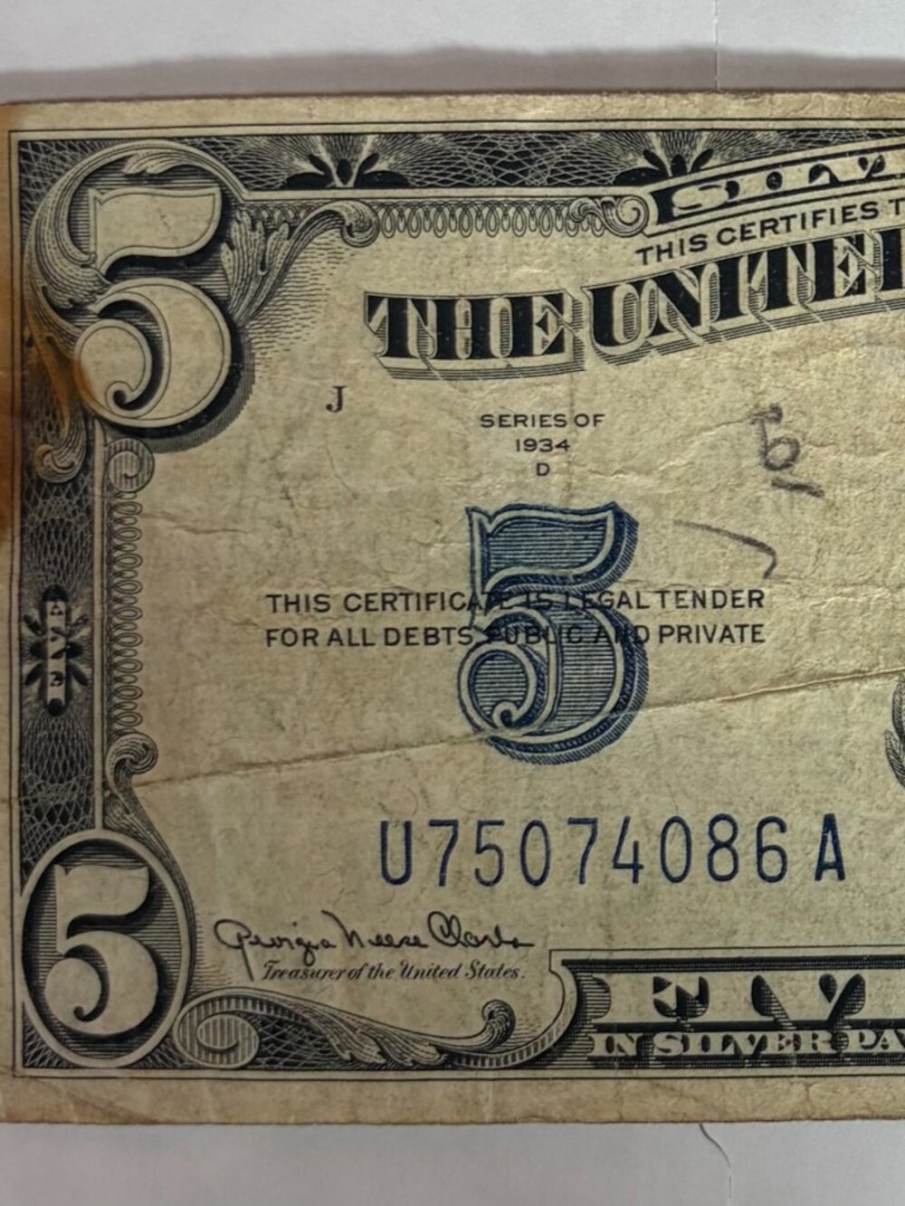 1934 - D Series $5 Bill Blue Seal Silver Certificate Circulated US Currency